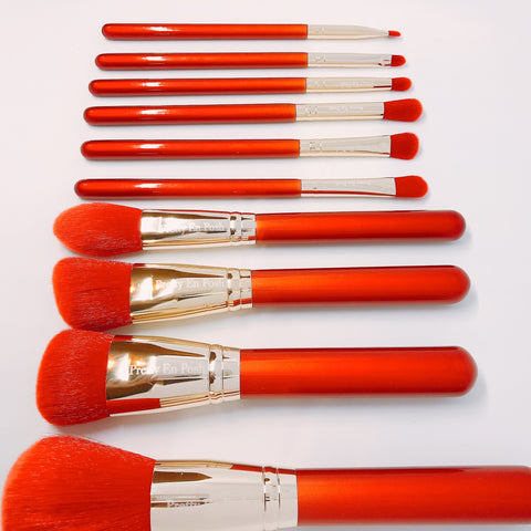 Makeup brush set with red bristols and handle.